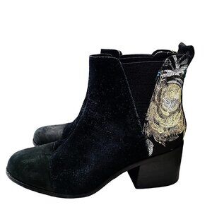 TOMS Black Suede Glam Gold Block Heel Chelsea Boots